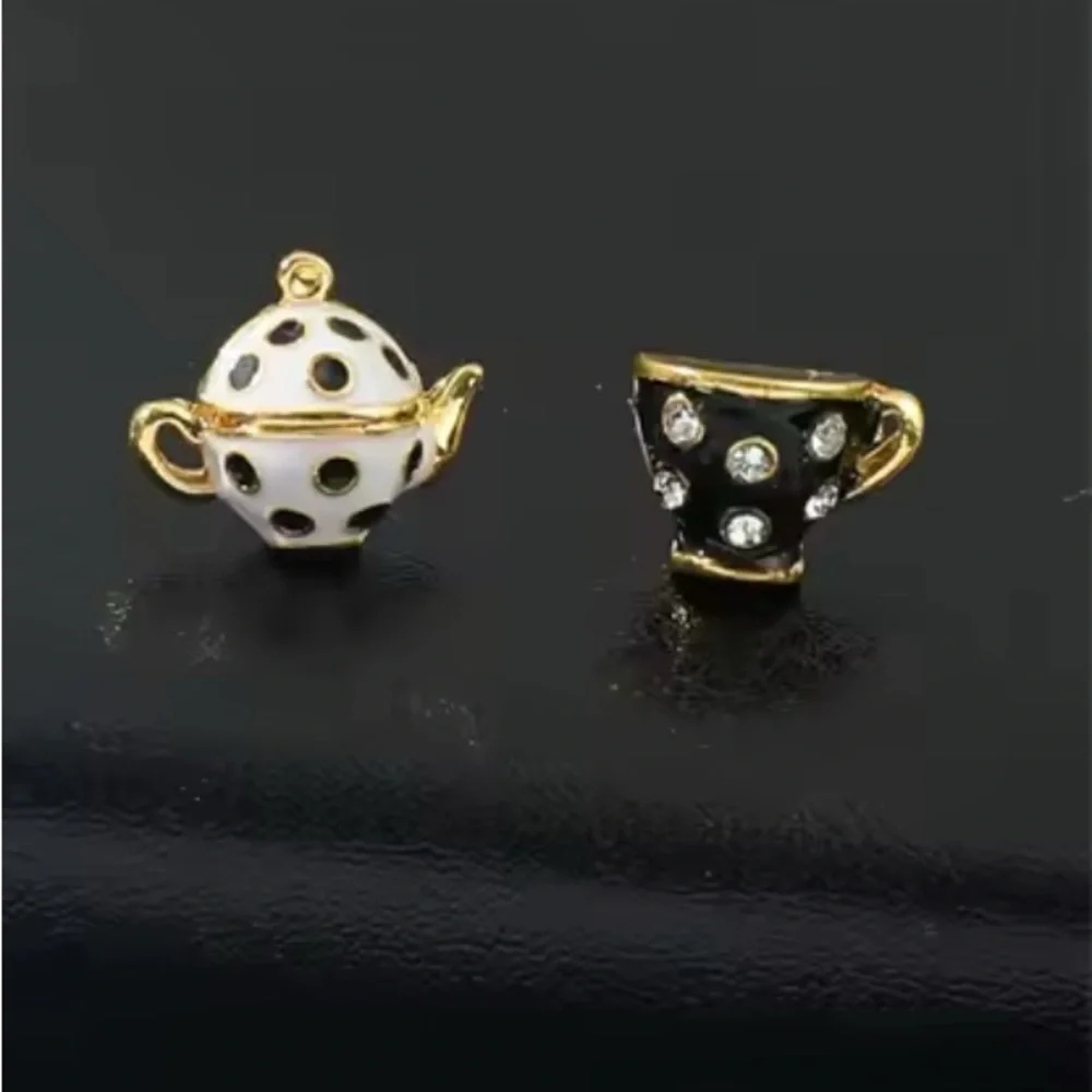 Alice In Wonderland Gold Enameled Black & White Teapot & Teacup Stud Earrings - Picture 3 of 10